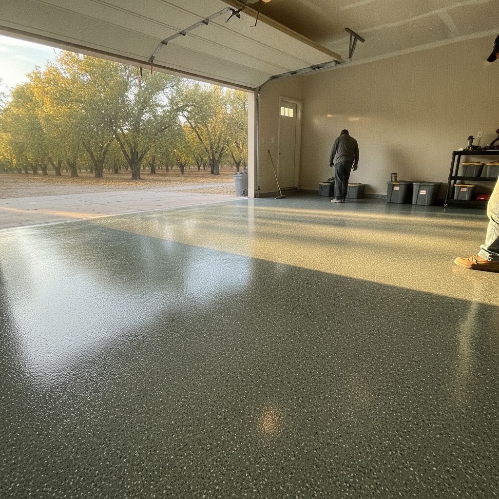 Glossy polyurea-coated garage floor with decorative flake finish under Mesilla Valley daylight